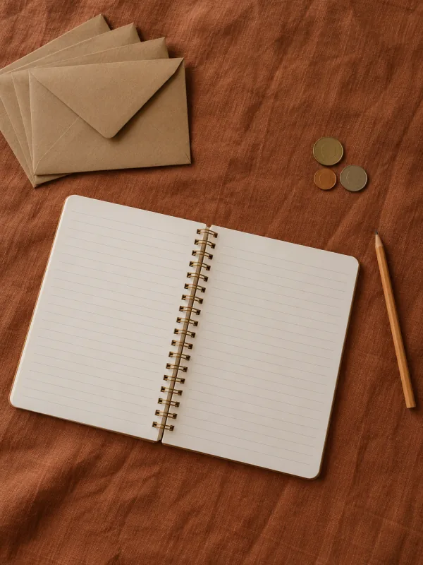 The cover of “Stop overdrawing your account in 30 days”: an open spiral notebook, kraft envelopes, three coins and a pencil on a terracotta linen cloth