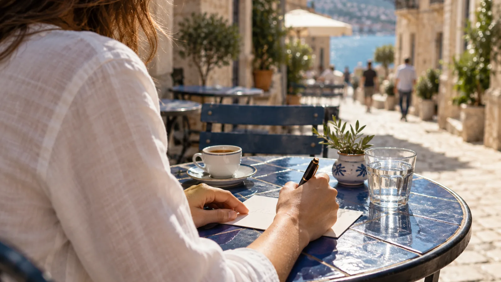 A woman seen from behind writes on a small card with a fountain pen at a blue mosaic café table, next to an espresso, in a sunny lane leading down to the sea