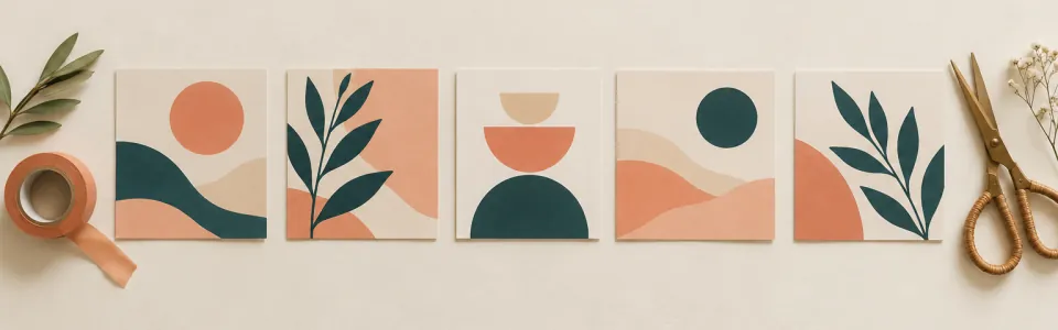 A row of printed square visuals with coral and deep green shapes, tape and scissors on cream paper.