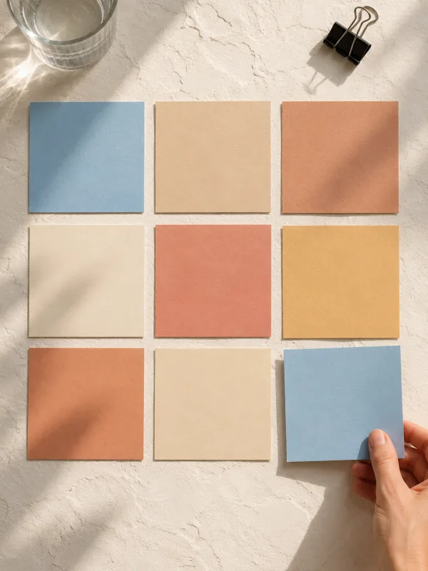 The cover of the “30-post pack for coaches”: nine squares of sky blue, sand, terracotta, coral and ochre paper laid out on white plaster
