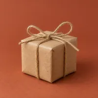 A small kraft gift box tied with twine on a terracotta background.