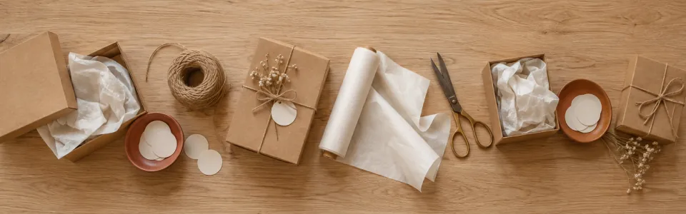 Kraft gift boxes, tissue paper, twine and scissors on a light oak table.