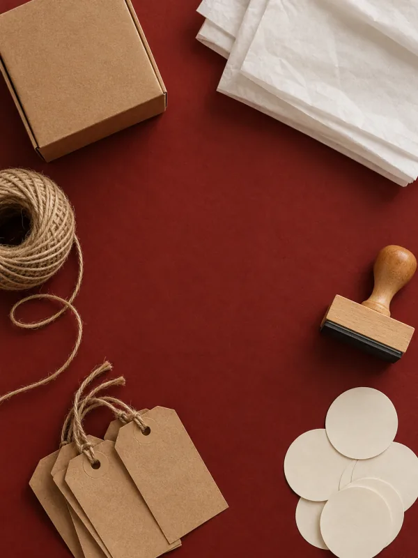 The cover of “The Canva kit to launch your shop”: kraft tags, cream stickers, tissue paper, a wooden stamp, twine and a small box on a brick-red background