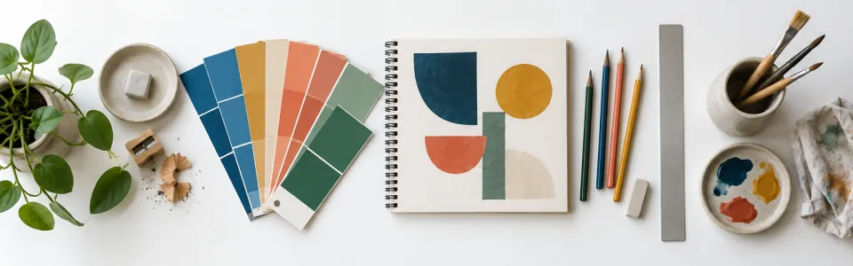 A colour swatch fan, a sketchbook with geometric shapes, pencils and a ruler on a white desk.