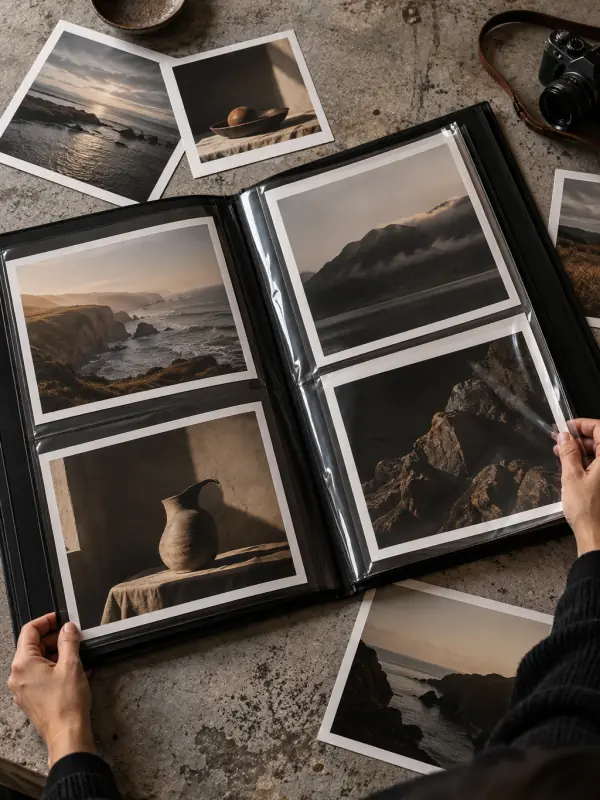 The cover of “The portfolio that finds clients”: a large black portfolio open on prints of landscapes and still lifes, on a concrete table