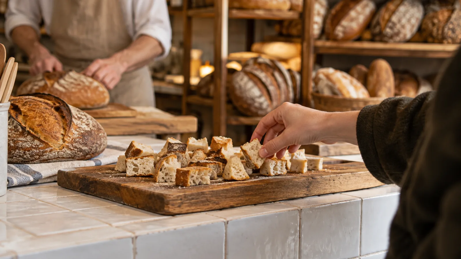 Sur le comptoir carrelé d’une boulangerie, une main prend un morceau de pain sur une planche de dégustation, devant des étagères de miches et le boulanger au travail