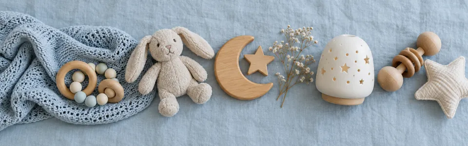 A knitted blanket, a fabric bunny, wooden toys and a switched-off night light on pale blue linen.