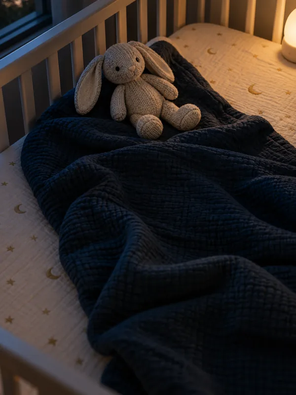The cover of “The sleep guide for ages 0 to 3”: a knitted bunny on a navy blanket in a cot, lit by a nightlight