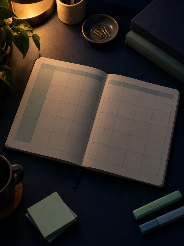 The cover of “The Notion study planner”: a printed planner open on a navy desk under a lamp, with highlighters and sticky notes