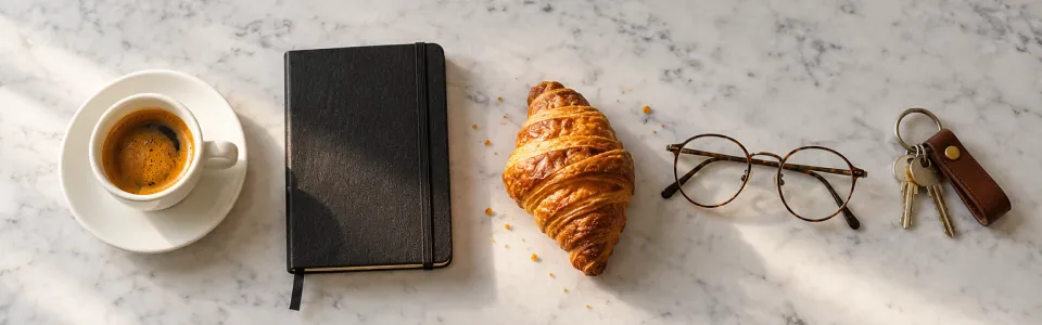 An espresso, a black notebook, a croissant, glasses and a set of keys on a marble café table.