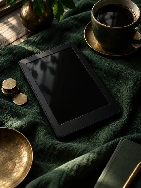 The cover of the ebook “Price your freelance work without flinching”: a switched-off e-reader on dark green linen, beside coins, a brass dish and a black coffee