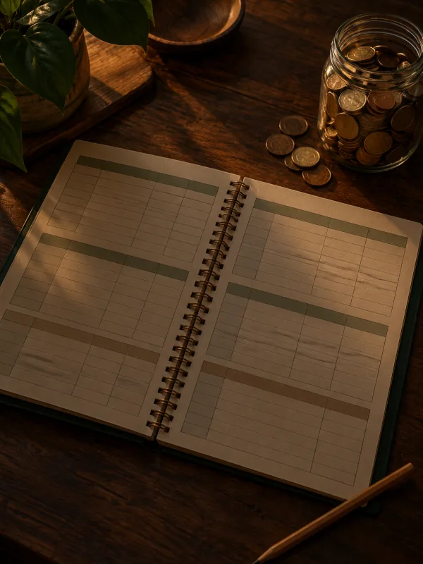 The cover of “The planner that helps you stick to your budget without a spreadsheet”: a spiral planner open on a walnut table in evening light, beside a jar of coins
