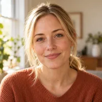 Portrait of a blonde woman in a terracotta sweater by a sunny window.