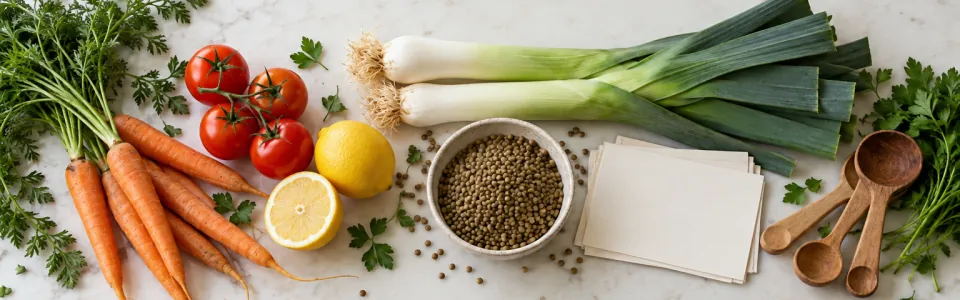 Carrots, tomatoes, leeks, a lemon, a bowl of lentils and wooden spoons on a marble counter.