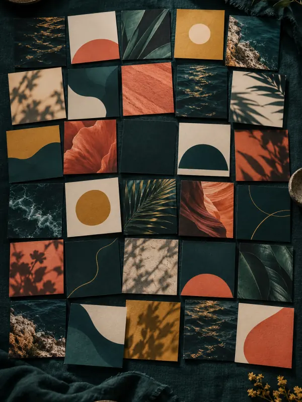 The cover of “A month of posts in one hour”: about thirty printed square visuals laid out in a grid on teal fabric