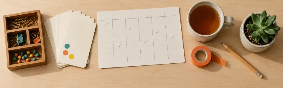 A tray of paper clips, index cards with coloured dots, a weekly planner sheet, a cup of tea and a succulent on light wood.