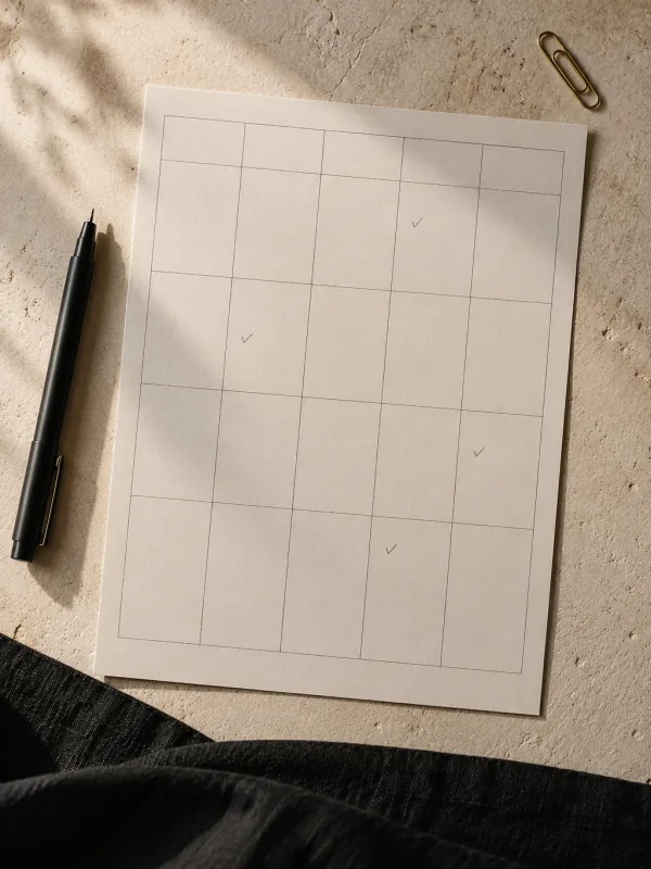 The cover of the “Weekly Notion planner”: a blank planning grid and a black pen on pale plaster.