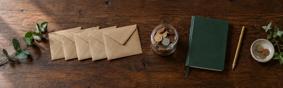Kraft envelopes, a jar of coins, a green notebook and a gold pencil lined up on a dark wooden table.