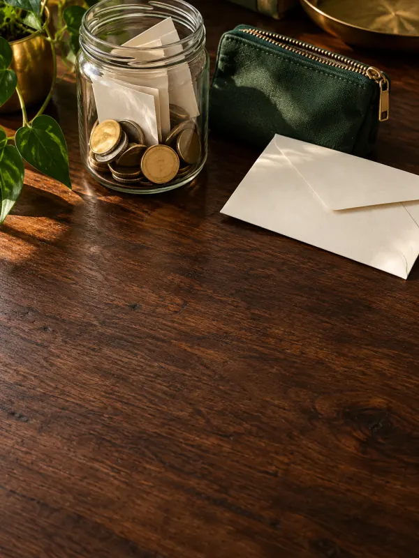 The cover of "Get through the month without overdrafts in 30 days": a jar of coins, a green pouch and an envelope on a dark wooden table.