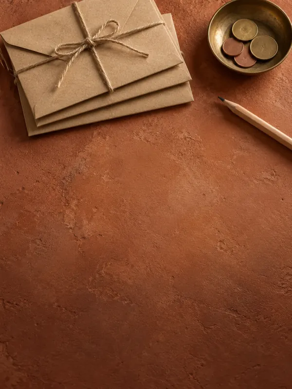 The cover of "Stop overdrawing your account in 30 days": kraft envelopes tied with twine and a dish of coins on a terracotta background.