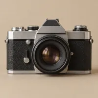 A film camera seen from the front on a beige background.