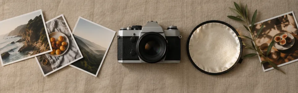 Printed photos, a film camera and a reflector laid on beige linen.