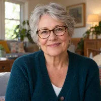 Portrait of a grey-haired woman with glasses in a teal cardigan in a living room.