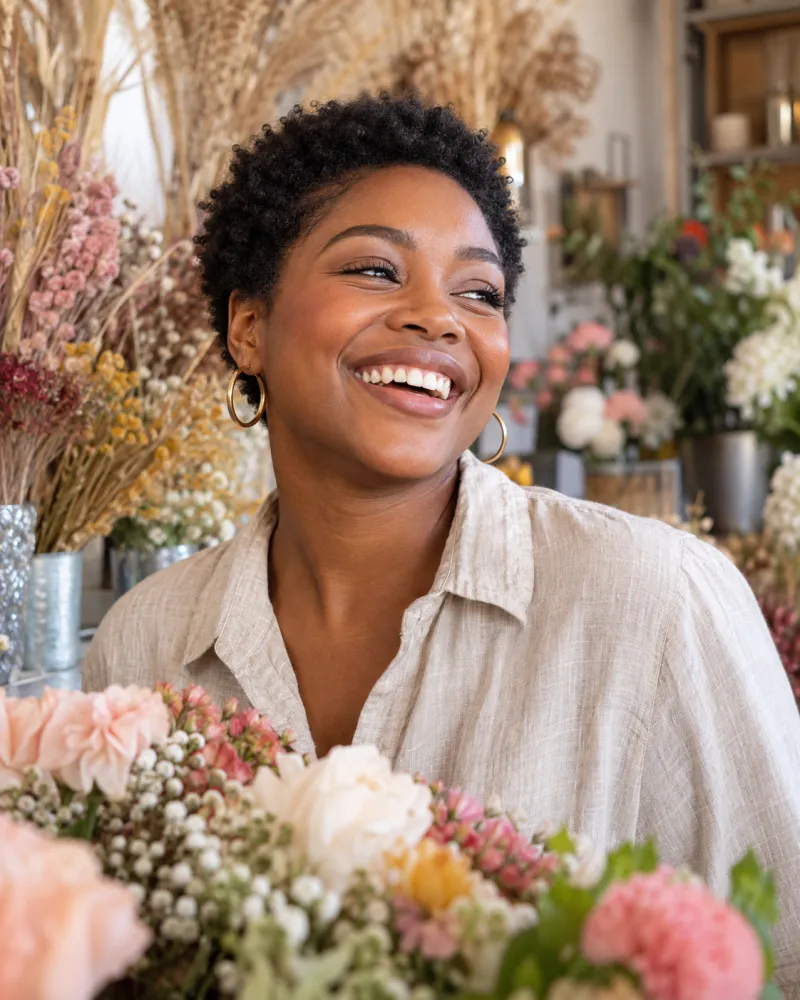Une fleuriste rit au milieu de ses bouquets, dans sa boutique