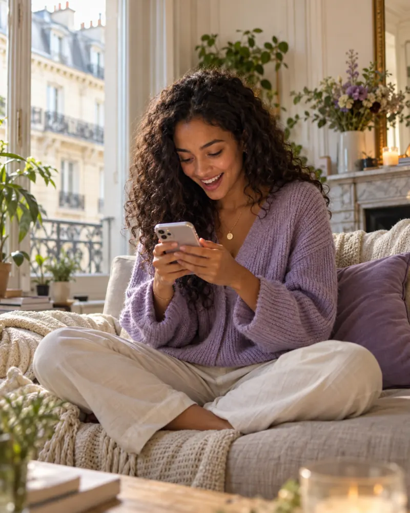 Une créatrice découvre sur son téléphone une demande de partenariat