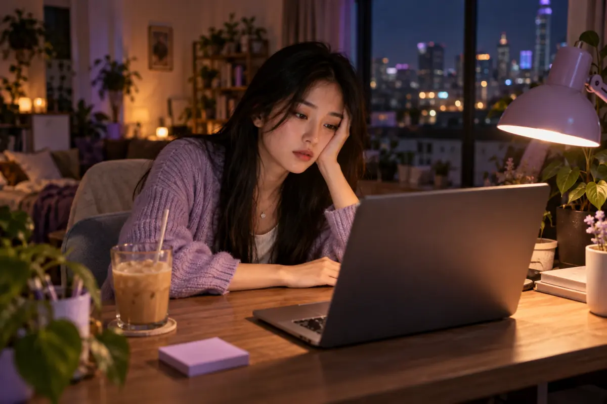 Une créatrice fatiguée devant sa boîte mail, tard le soir