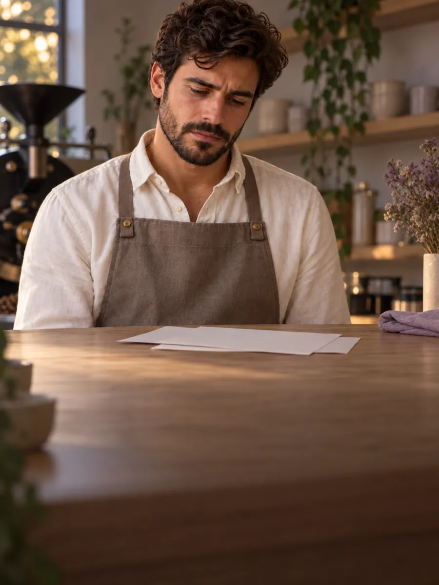 Un torréfacteur, l'air soucieux, regarde des feuilles posées sur le comptoir de son café