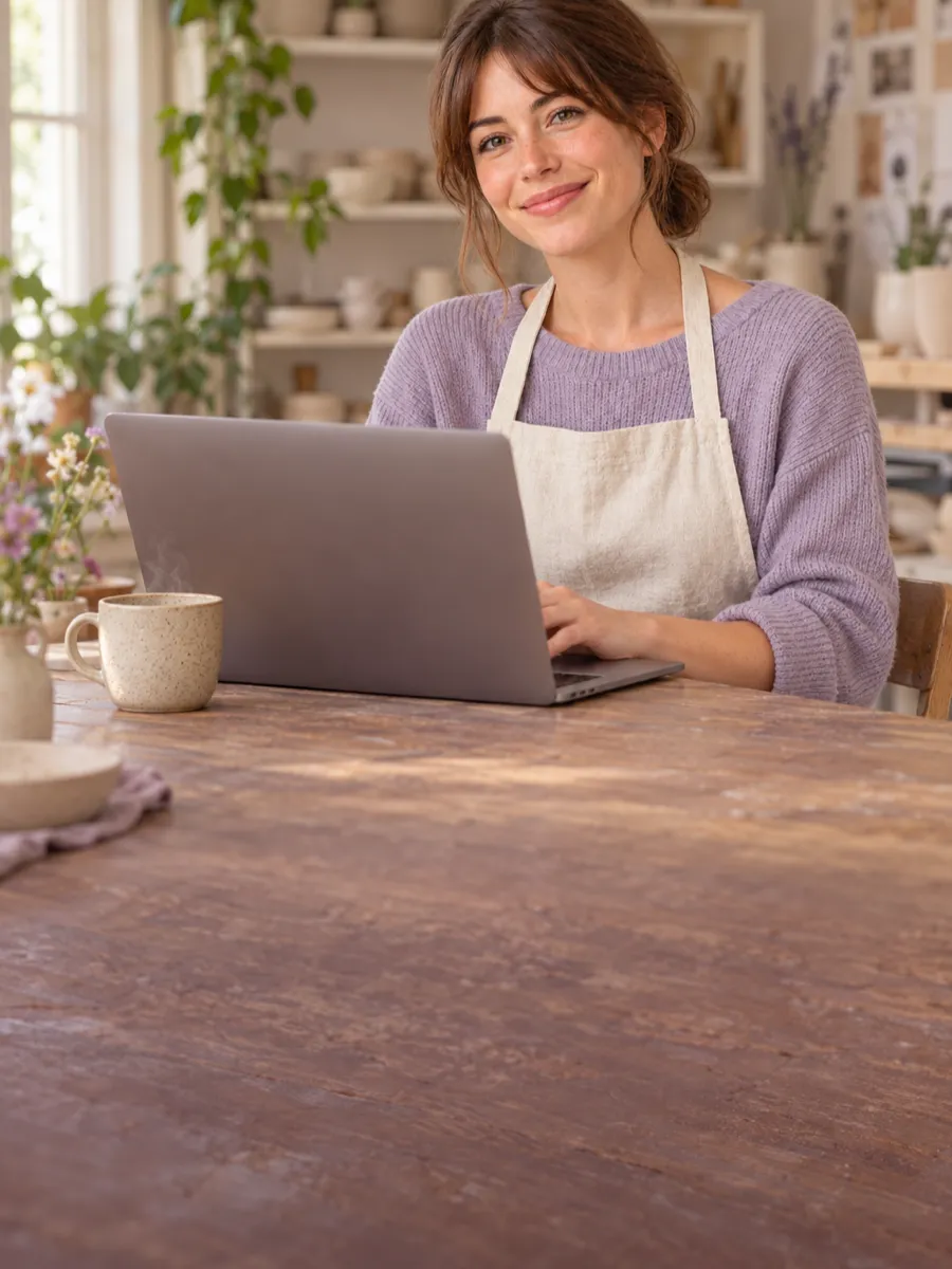 Une commerçante écrit sur son ordinateur portable, assise au comptoir de sa boutique