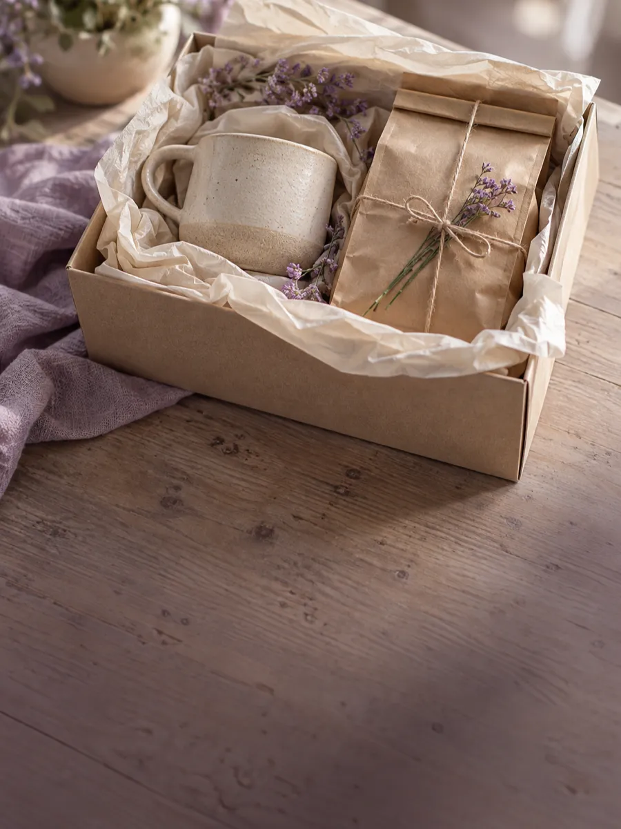 Une tasse en grès et un paquet de café réunis dans un même coffret