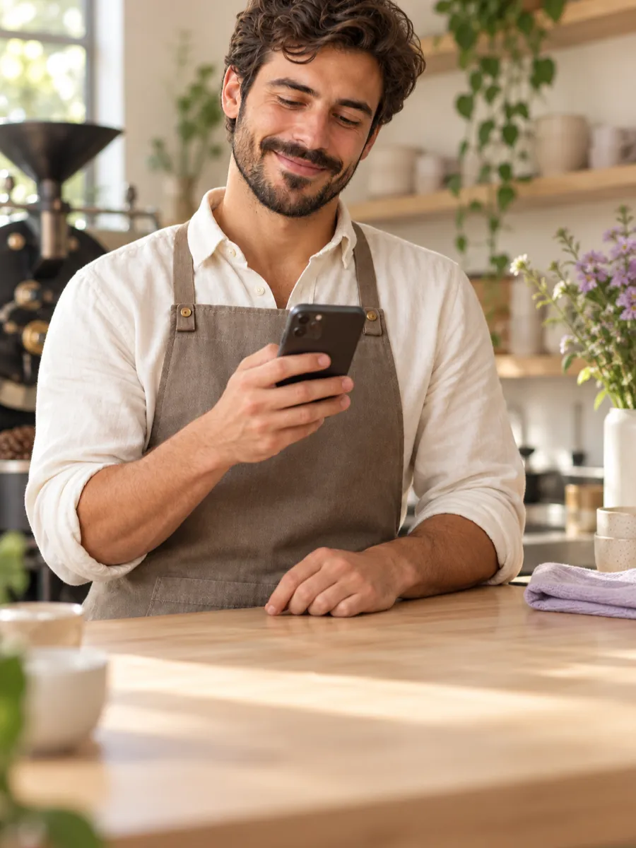Une commerçante regarde son téléphone derrière le comptoir de sa boutique