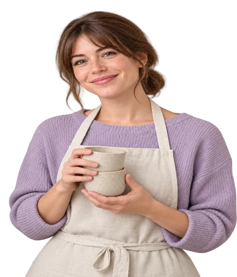 Une céramiste souriante tient une pile de tasses en grès