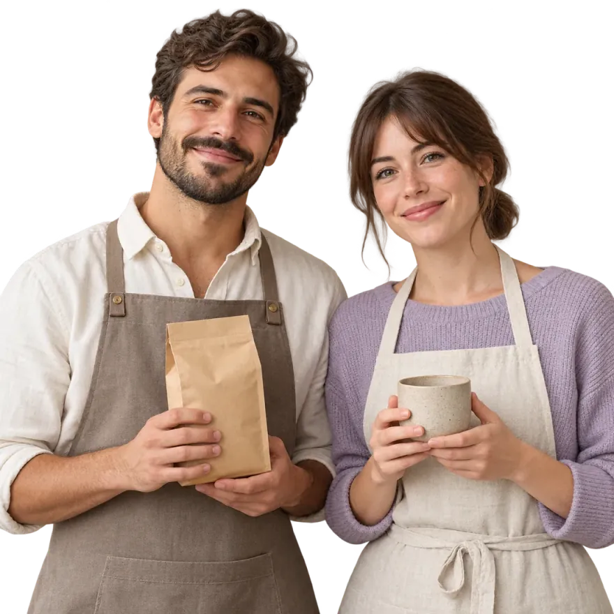 Une céramiste et un torréfacteur côte à côte, souriants, chacun tenant son produit