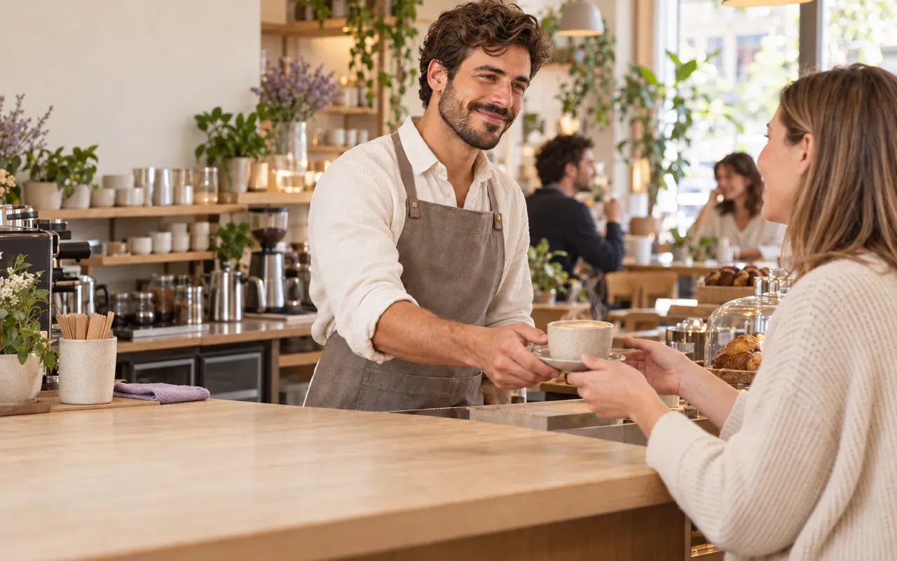Un torréfacteur sert des clients au comptoir de son café de quartier