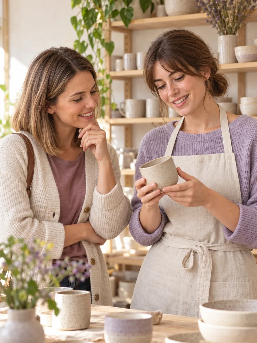 Une céramiste présente ses tasses à une cliente dans son atelier-boutique