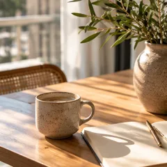 Une table en chêne près d'une fenêtre, une tasse en céramique et un carnet ouvert