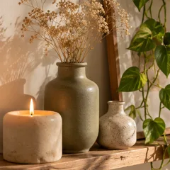 Une étagère avec des vases en céramique, une bougie allumée et des fleurs séchées