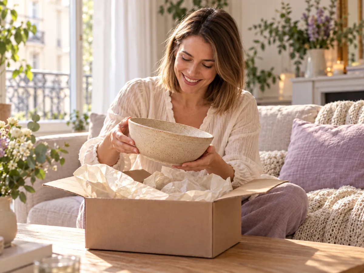 Une cliente sort un bol en céramique de son colis, chez elle, en souriant