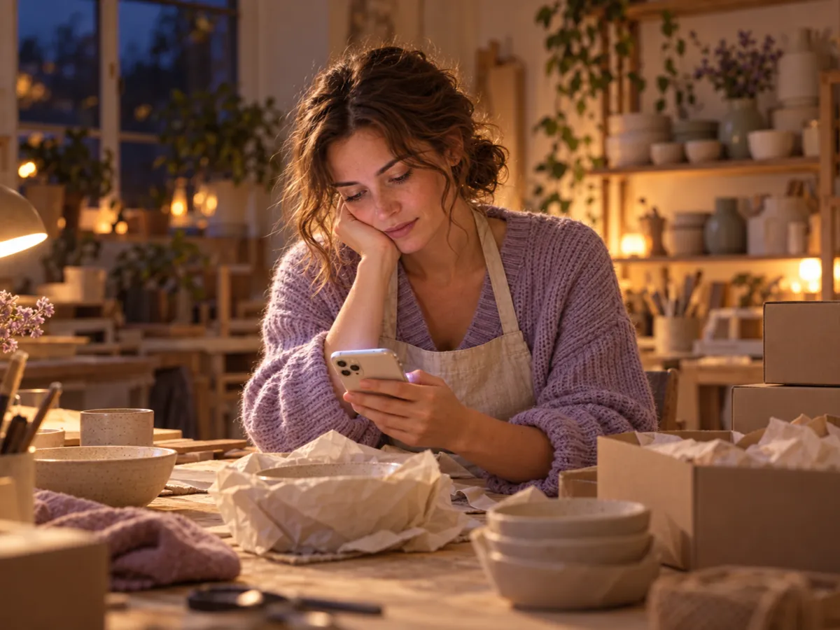 Le soir, une vendeuse répond à ses messages sur son téléphone, entourée de colis à préparer
