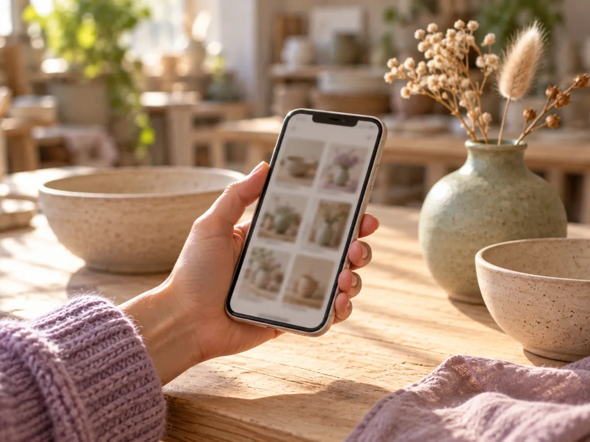 Une main tient un téléphone au-dessus d'une table d'atelier où sont posées des céramiques