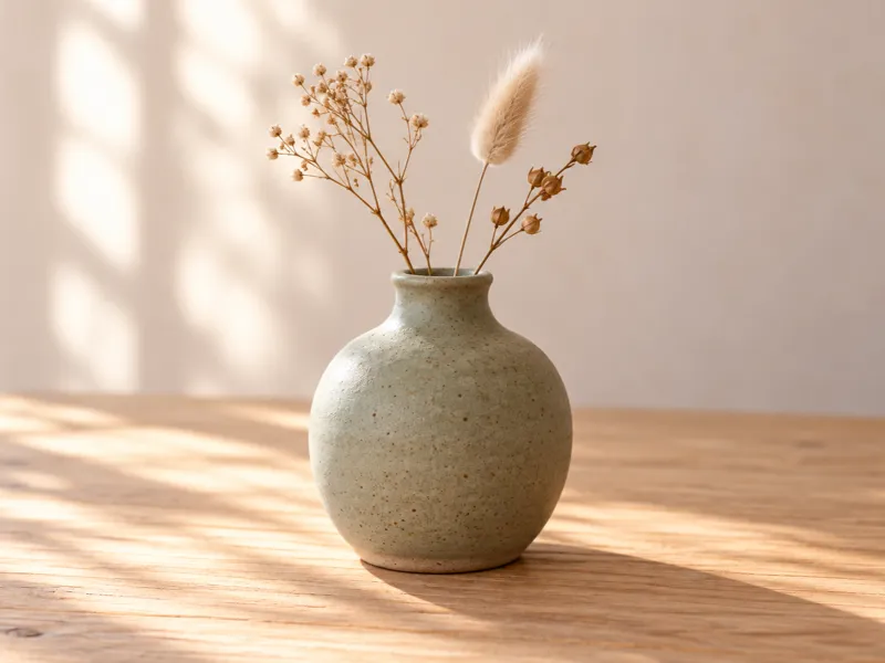 Un vase en céramique vert sauge, avec quelques tiges séchées