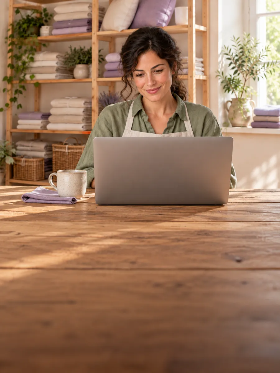 Une commerçante regarde son ordinateur portable, assise à une table en bois