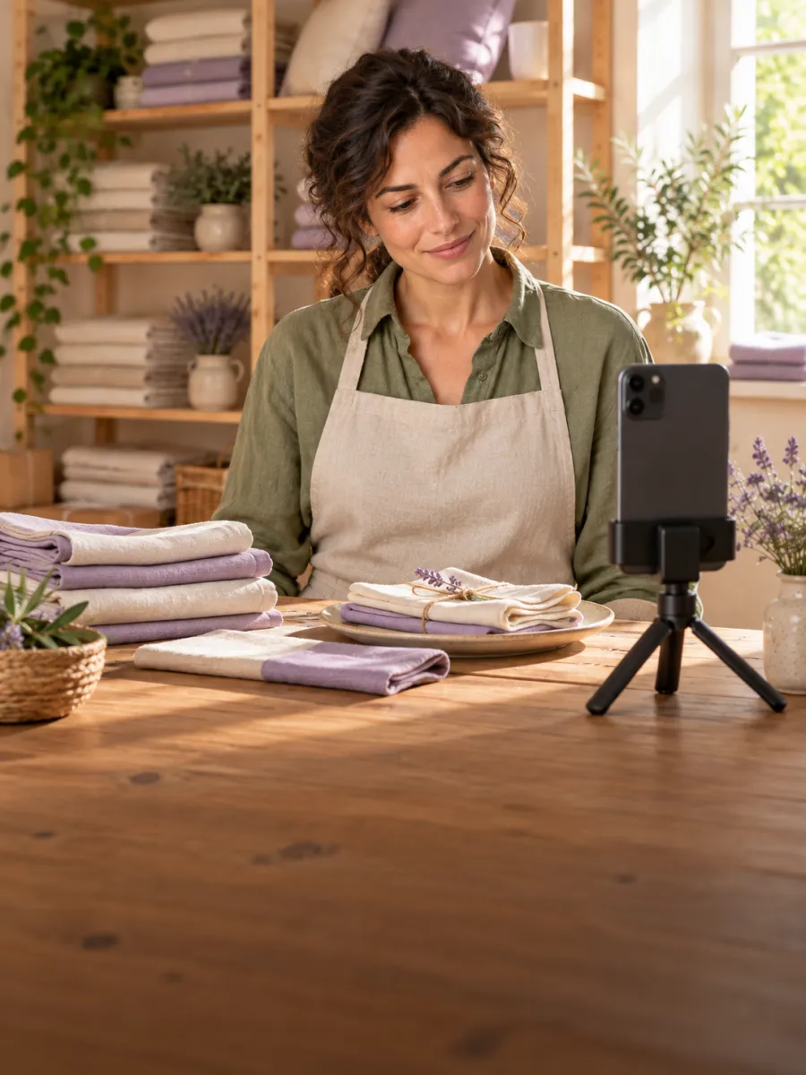 Une commerçante filme ses produits avec un téléphone posé sur un trépied