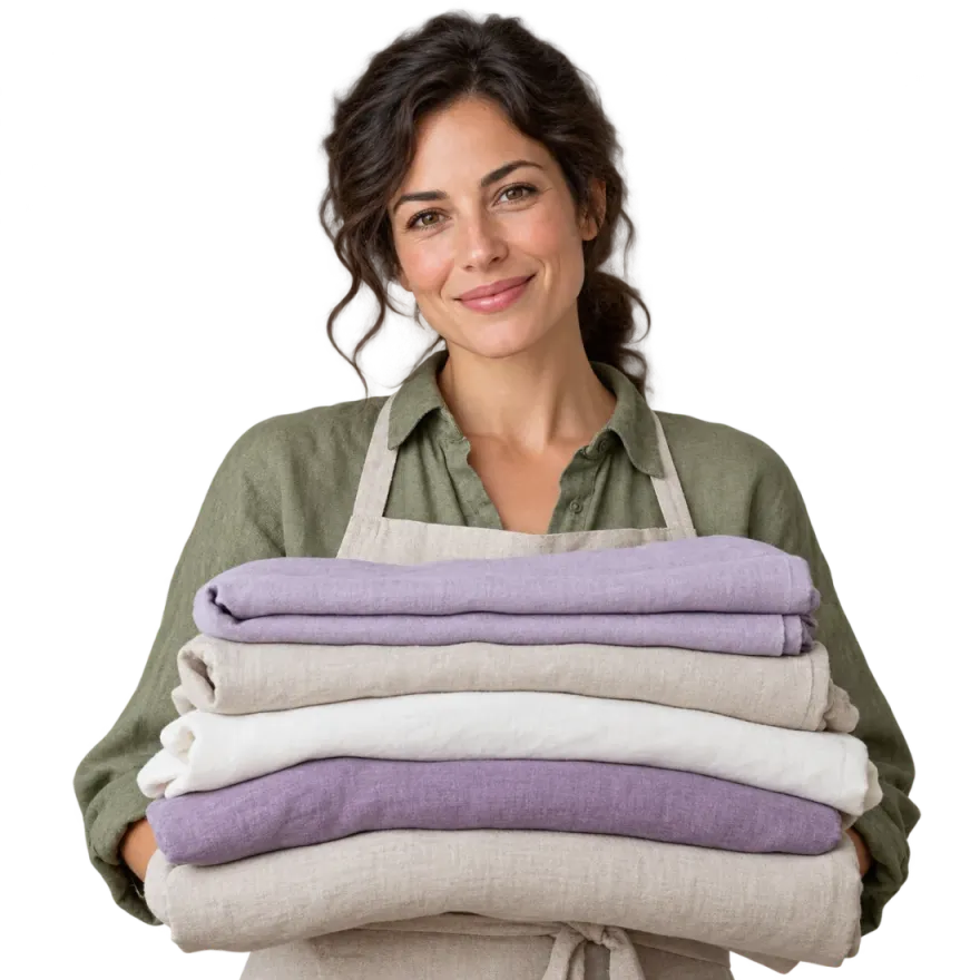 La fondatrice d'une boutique de linge en lin, souriante, tient une pile de linge plié
