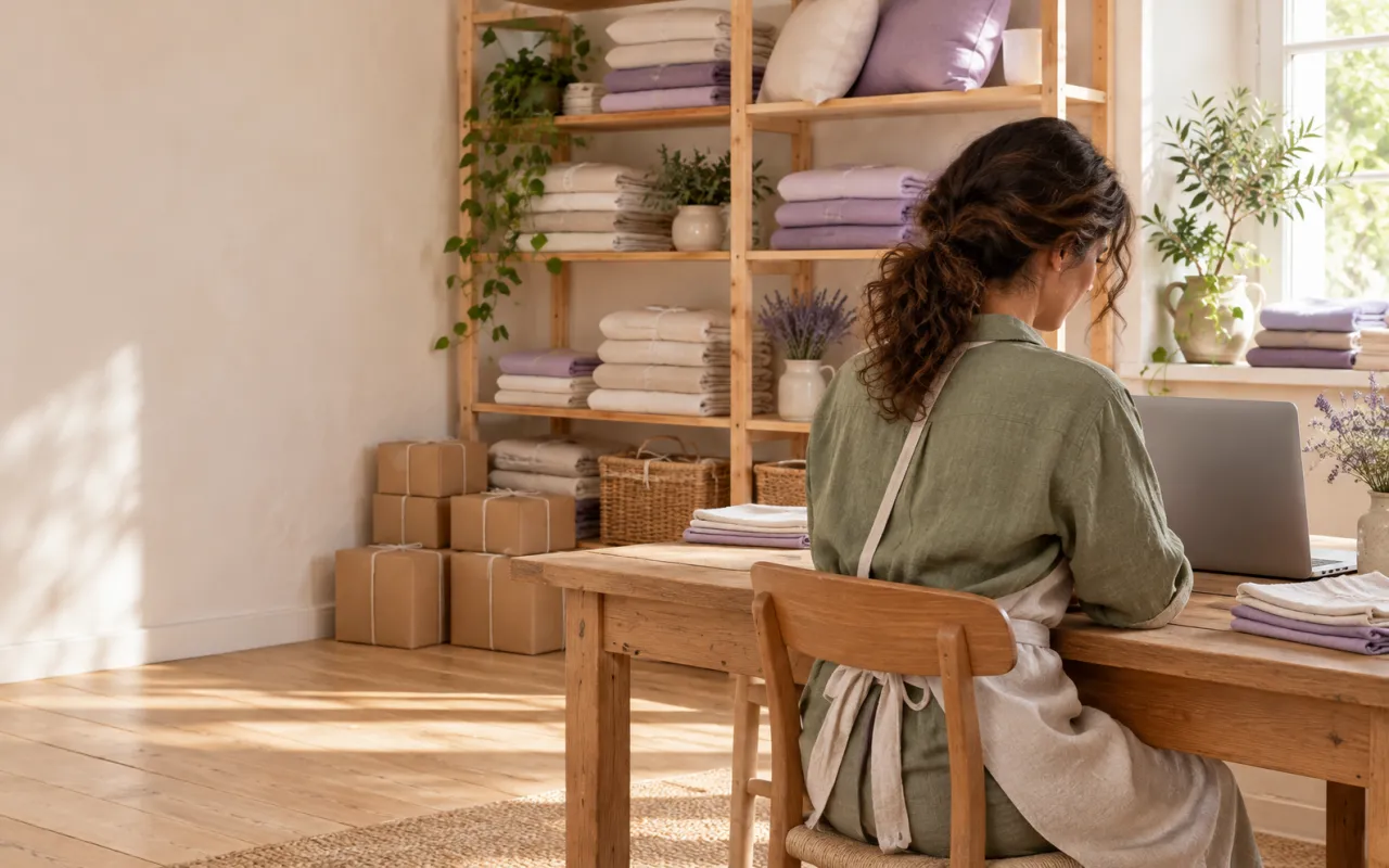 Une commerçante assise à son bureau, de dos, entourée de colis prêts et d'étagères de linge